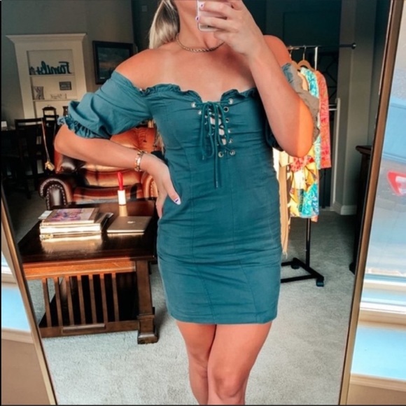 Lulus Dark Forest Green Off Shoulder Lace-up Dress - Picture 2 of 14